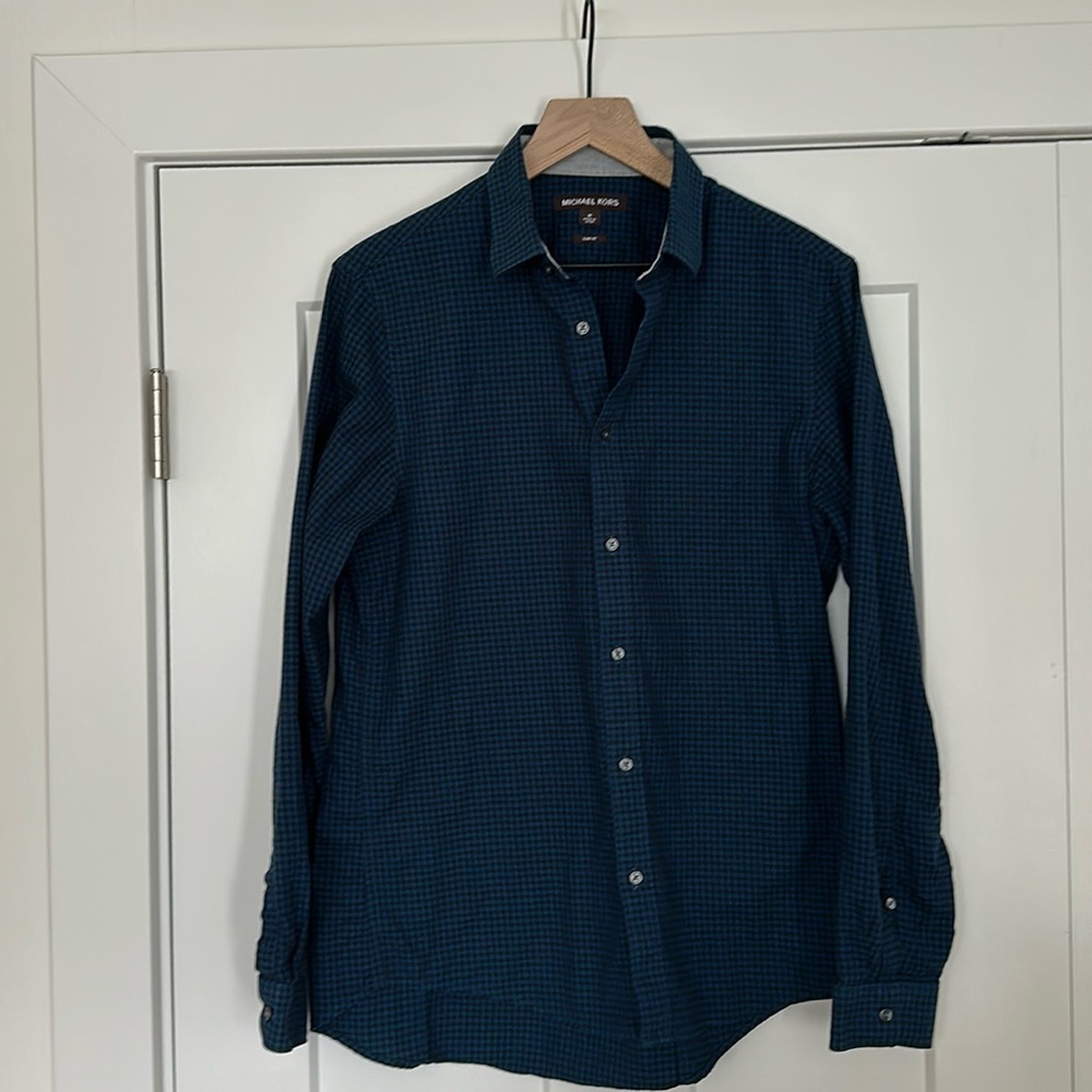 Men’s Michael Kors slim fit blue and black gingham button down shirt
